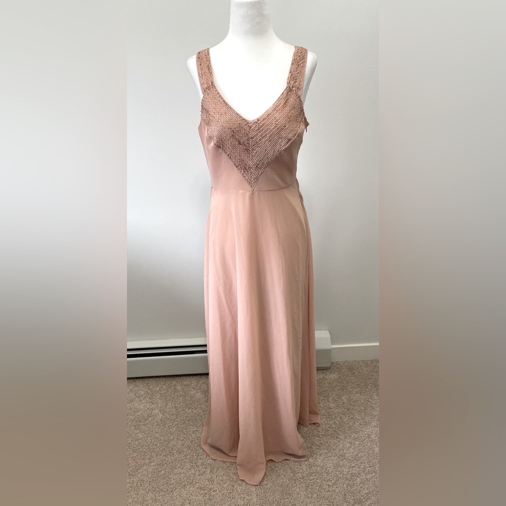 Forever 21 Full Length Blushy Peach Beaded V Neck Gown - Size Large